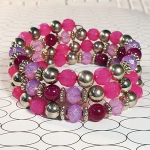 Memory Wire Acrylic Crystal & Metal Beads Bracelet